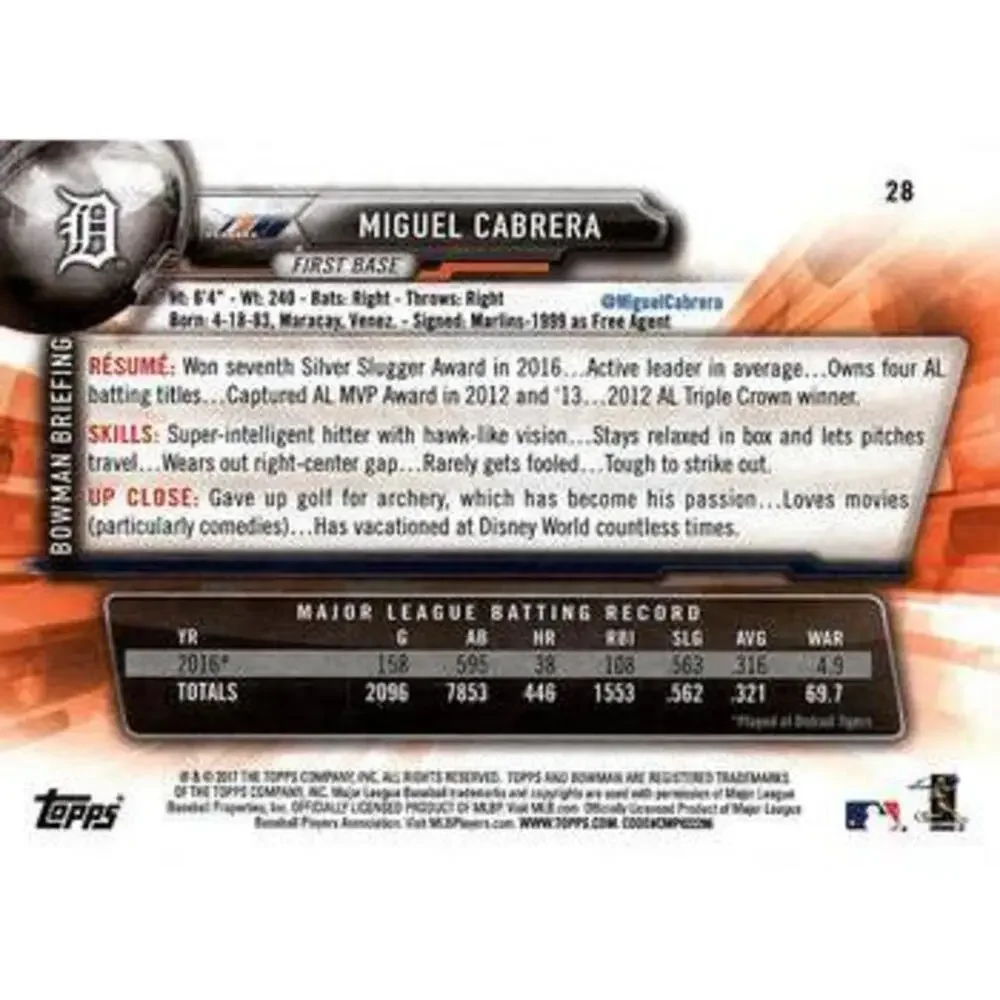 2017 Bowman Miguel Cabrera # 28 Detroit Tigers